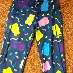 Feed me fight me leggings with gummy bears and worms.